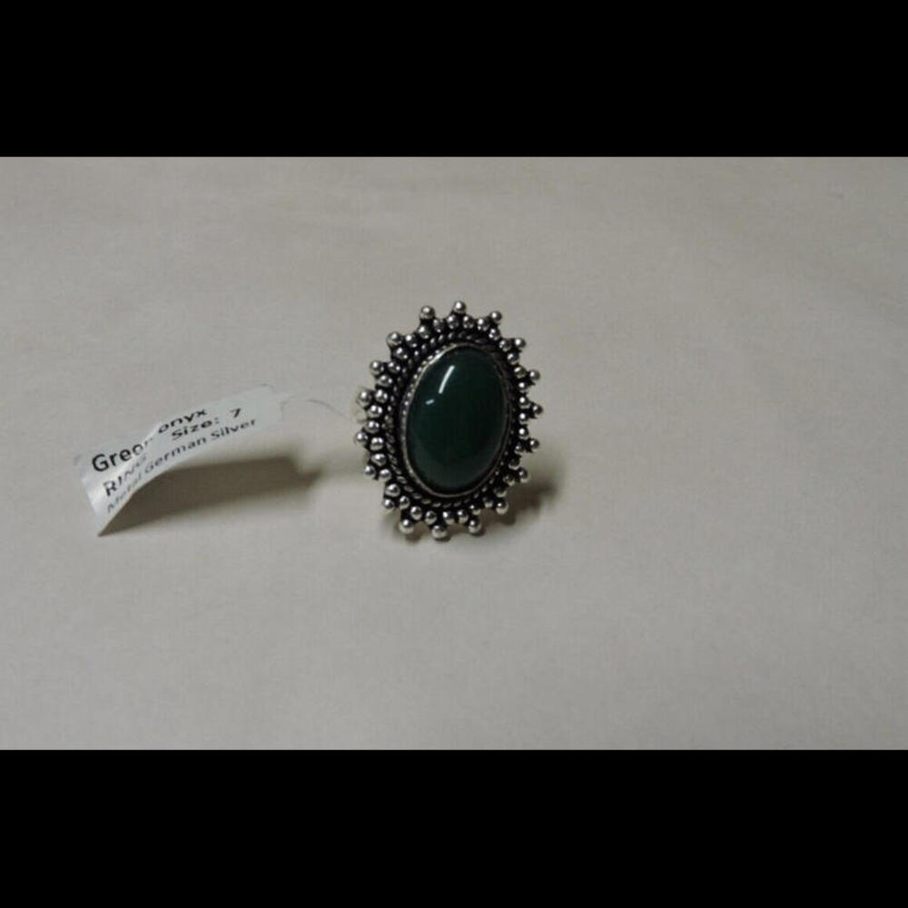 German Silver Ring Size 7: Green Onyx